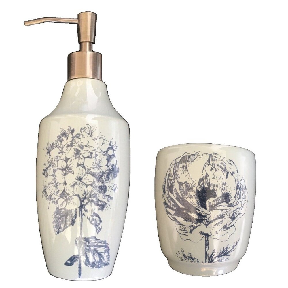 new Nine & Co. Navy Blue Botanicals CERAMIC Bathroom Soap Dispenser + Tumbler